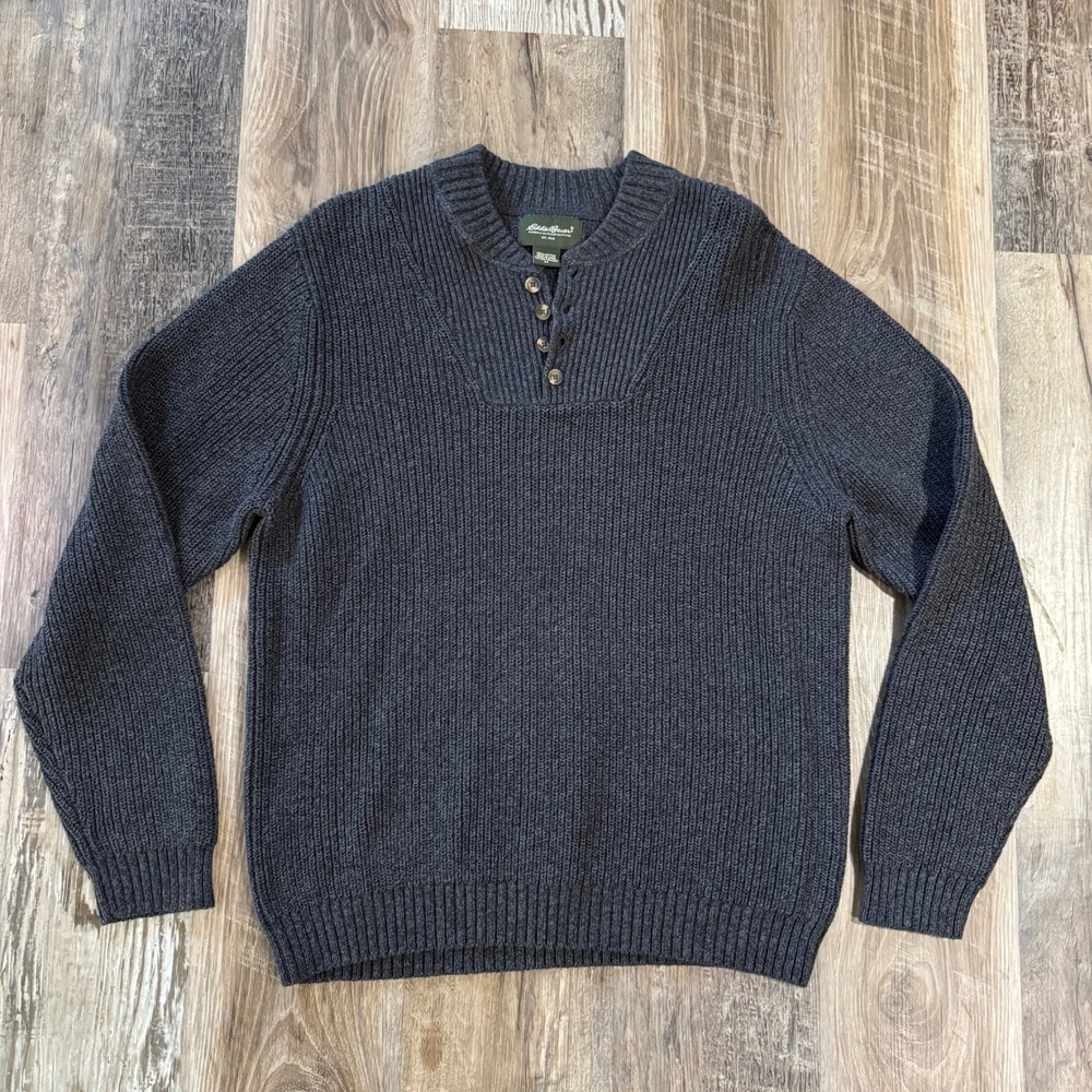 VTG Y2K 06 Eddie Bauer Sweater M Grey Henley Ribbed Knit Cotton Fisherman Prep